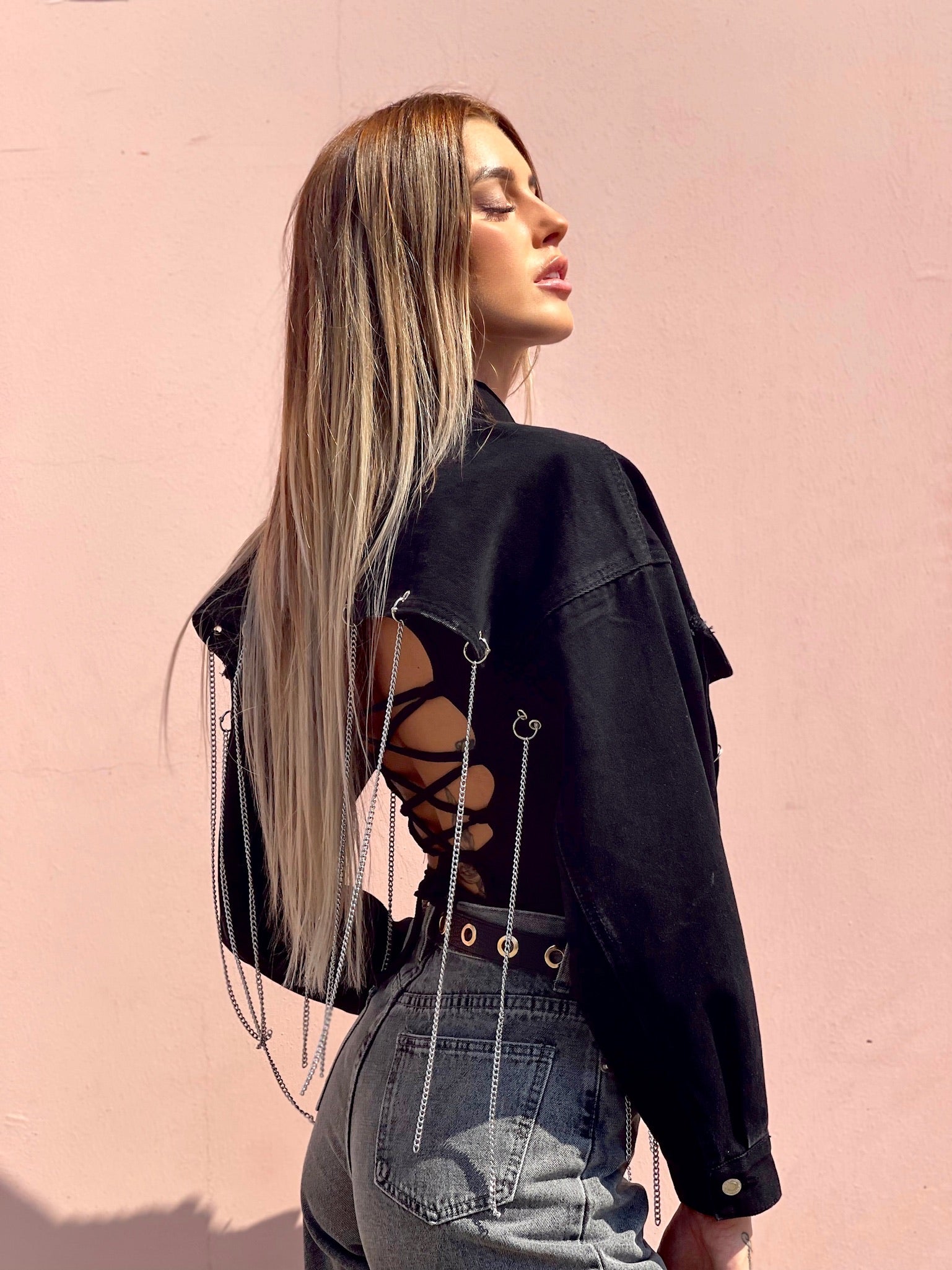 Giacca in jeans nero con frange