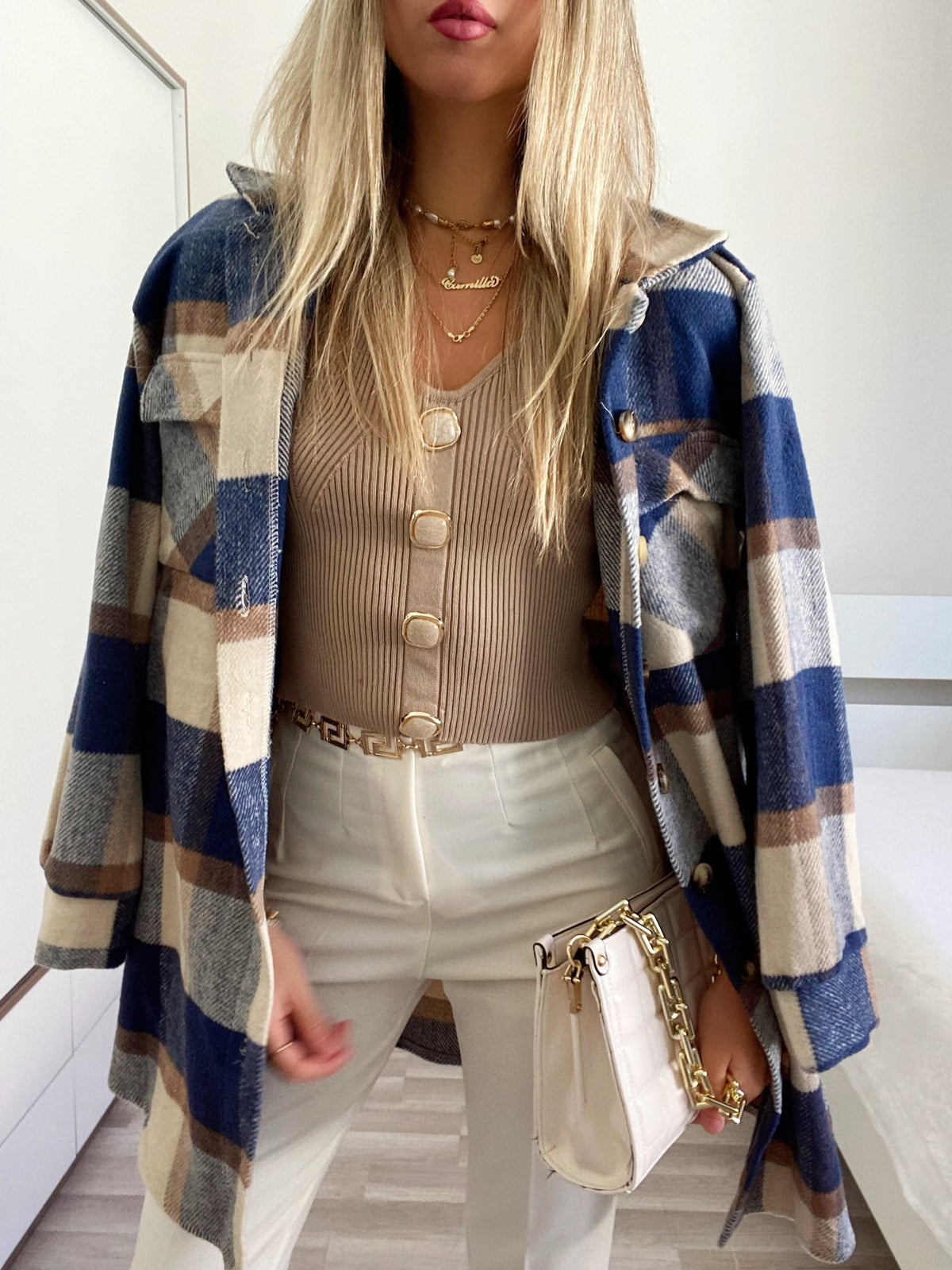 Giacca check nude e blu