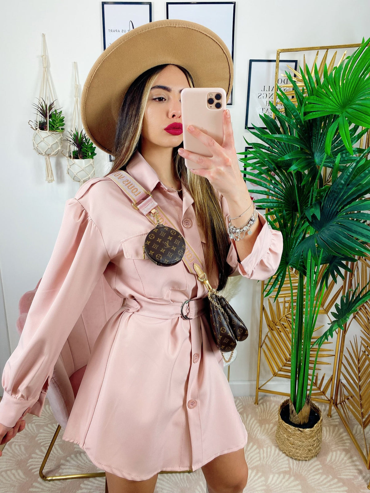 Abito a camicia con cintura Rosa