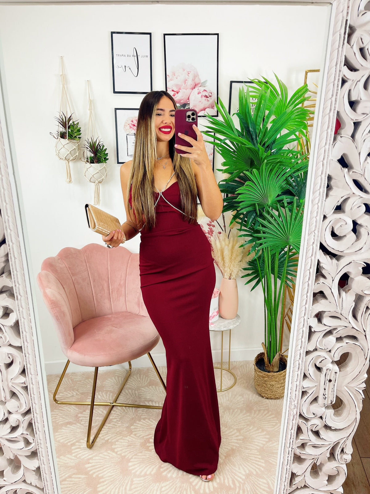 Abito lungo con dettaglio in strass Bordeaux