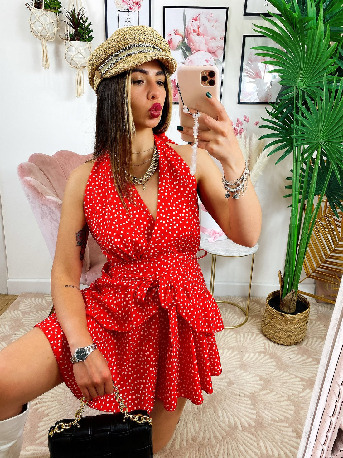 Tutina a balze e pois Rosso con cintura
