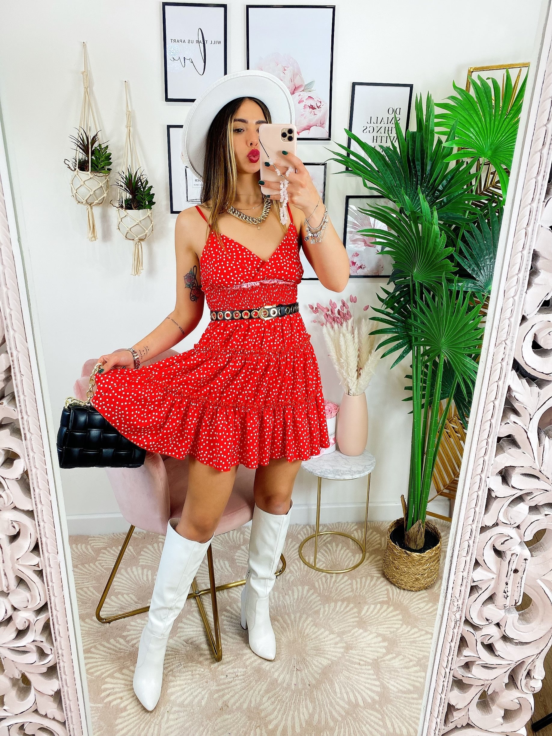 Abito a balze con gonna ampia a pois Rosso