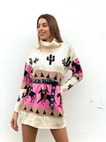 Maxi maglione collo alto con cavalli base Fuxia