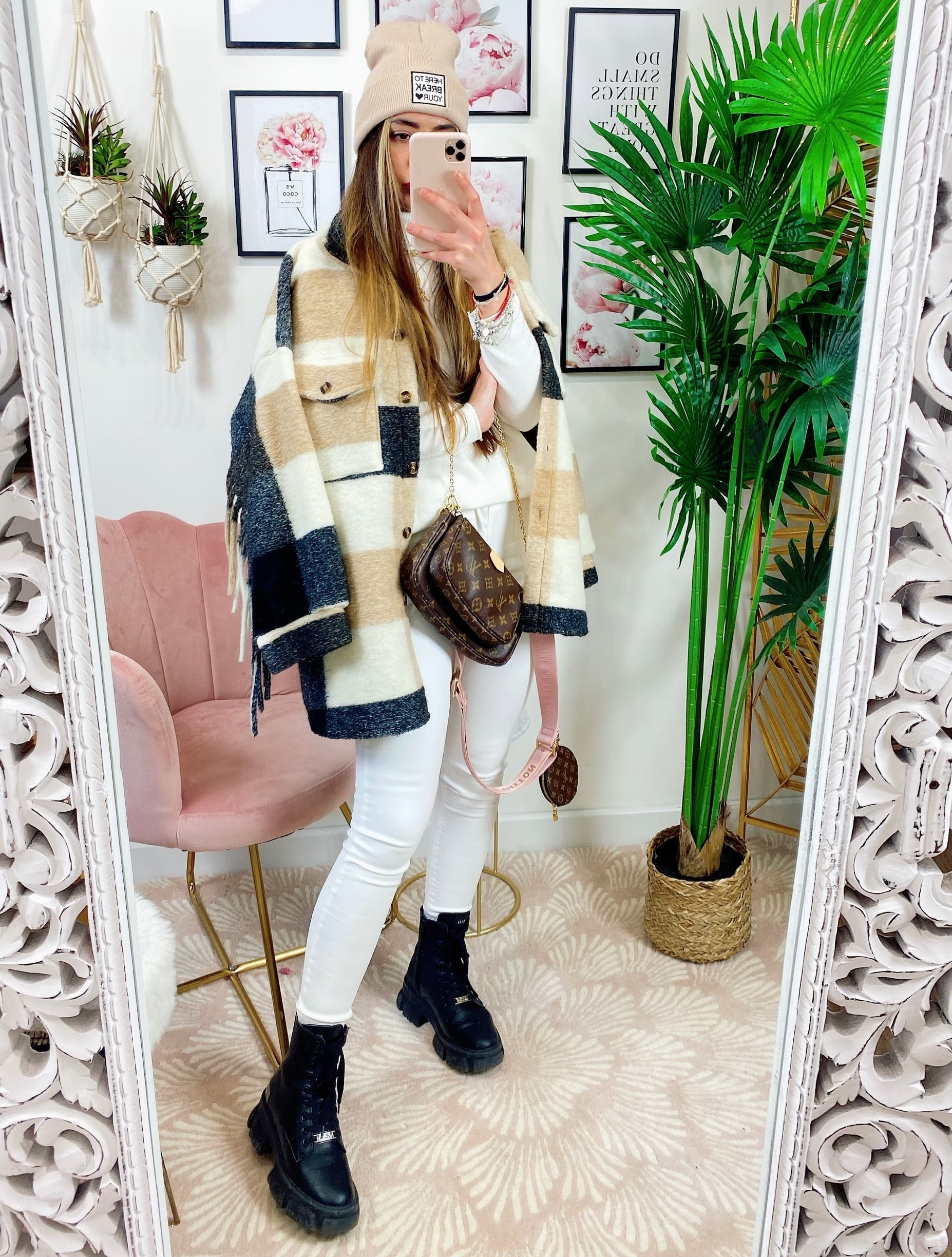 Giacca a quadri Beige con frange