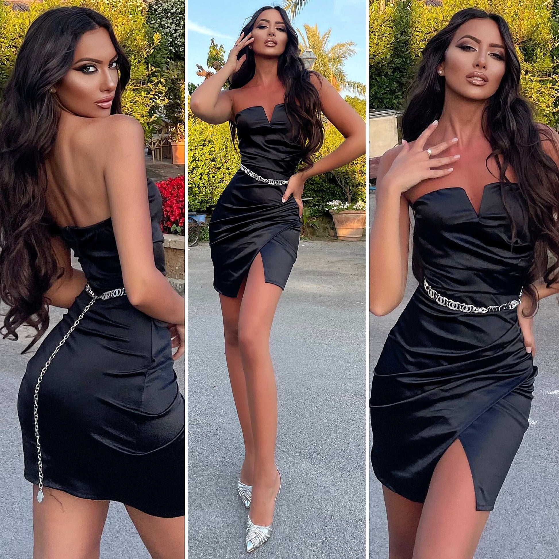 Abito in raso corto scollo a V nero