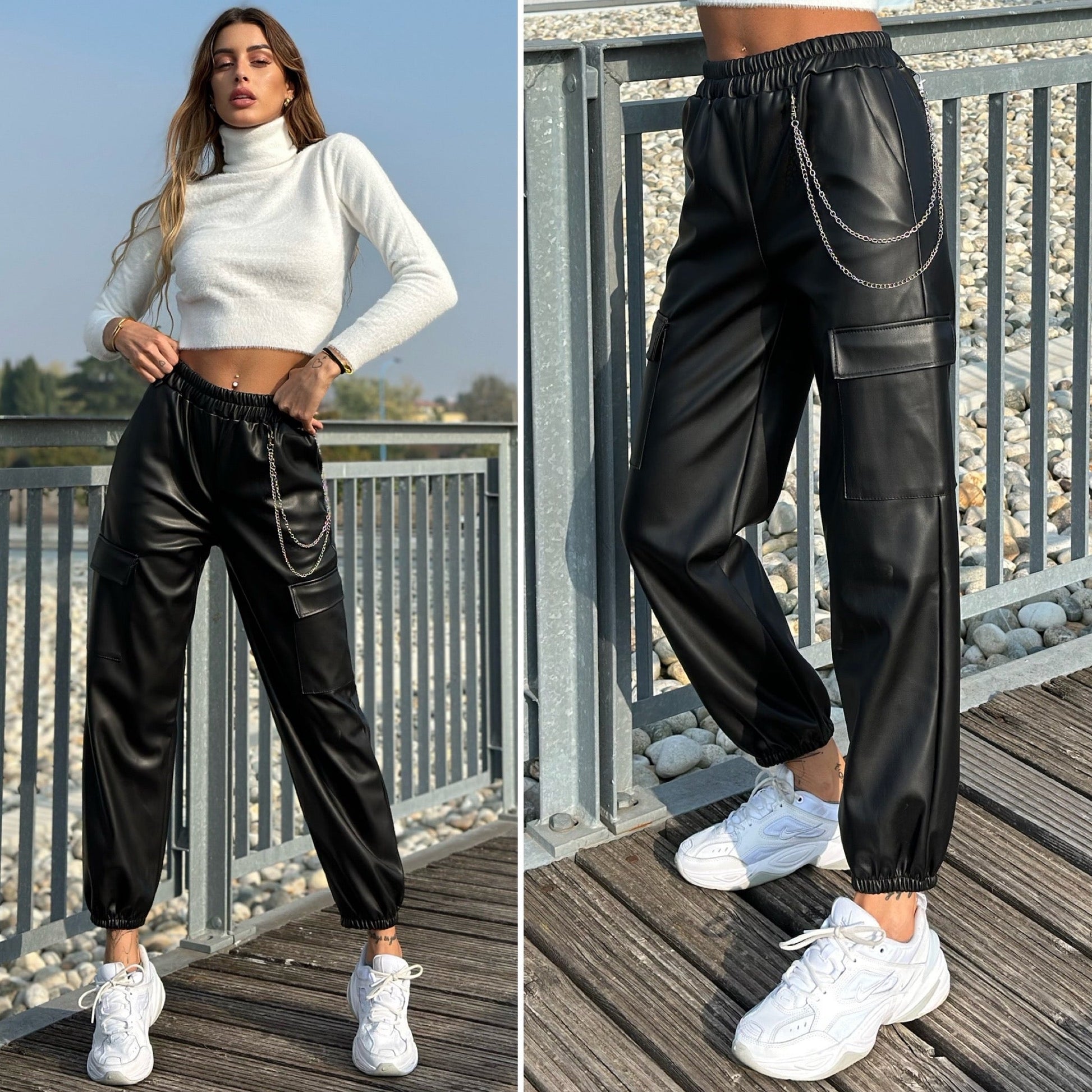 Pantalone in ecopelle con catenina nero