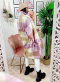 Giacca a quadri lilla/beige lunga con frange