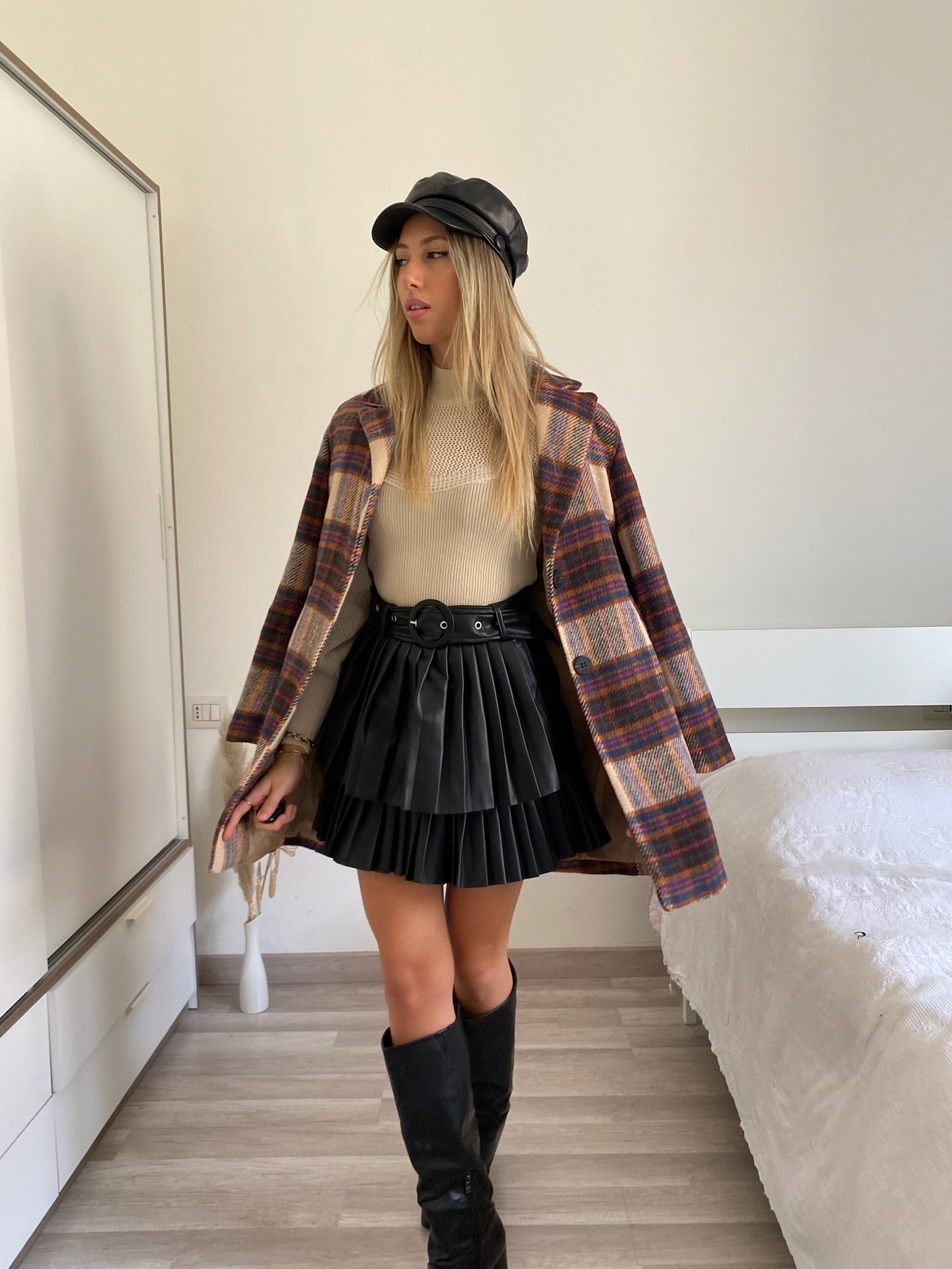 Cappotto check nude