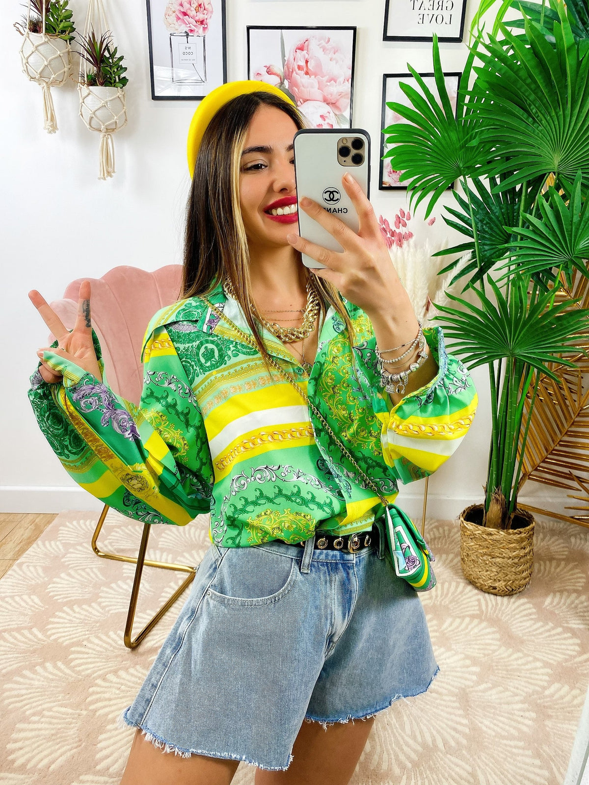 Camicia etnica dettaglio verde con borsetta