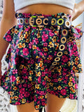 Gonna in raso a balze con fiori Fuxia e gialli