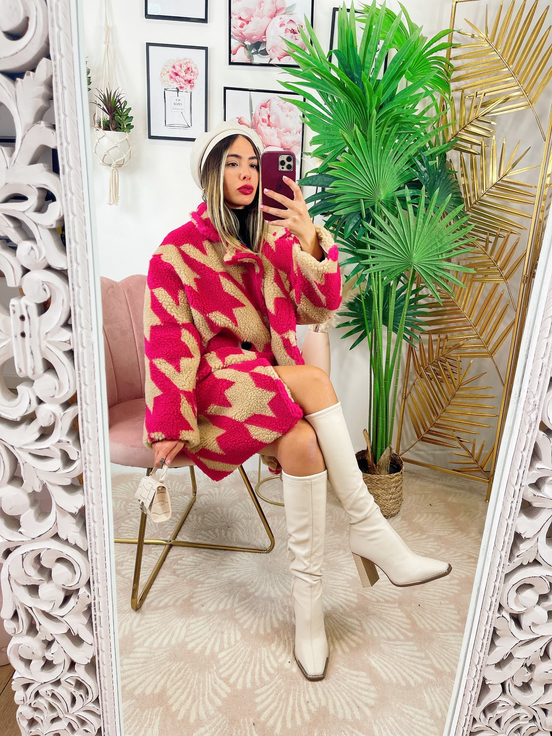 Cappotto pied de poule dettaglio fucsia