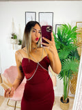 Abito lungo con dettaglio in strass Bordeaux