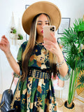 Abito manica lunga con fiori verde militare