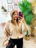 Cardigan con bottoni gioiello e spalle scoperte beige
