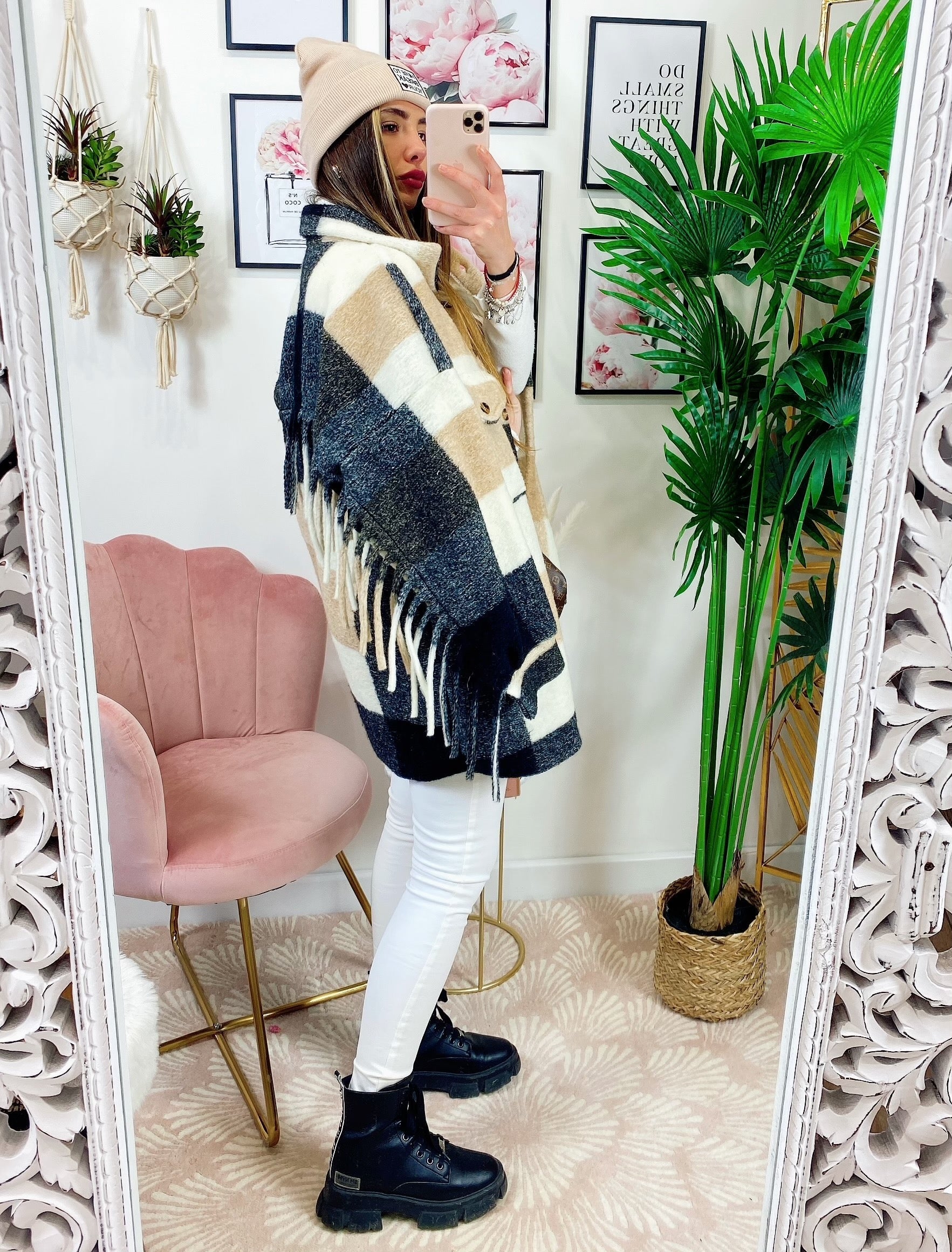 Giacca a quadri Beige con frange