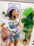 Completo etnico Short e t-shirt base Celeste e lilla