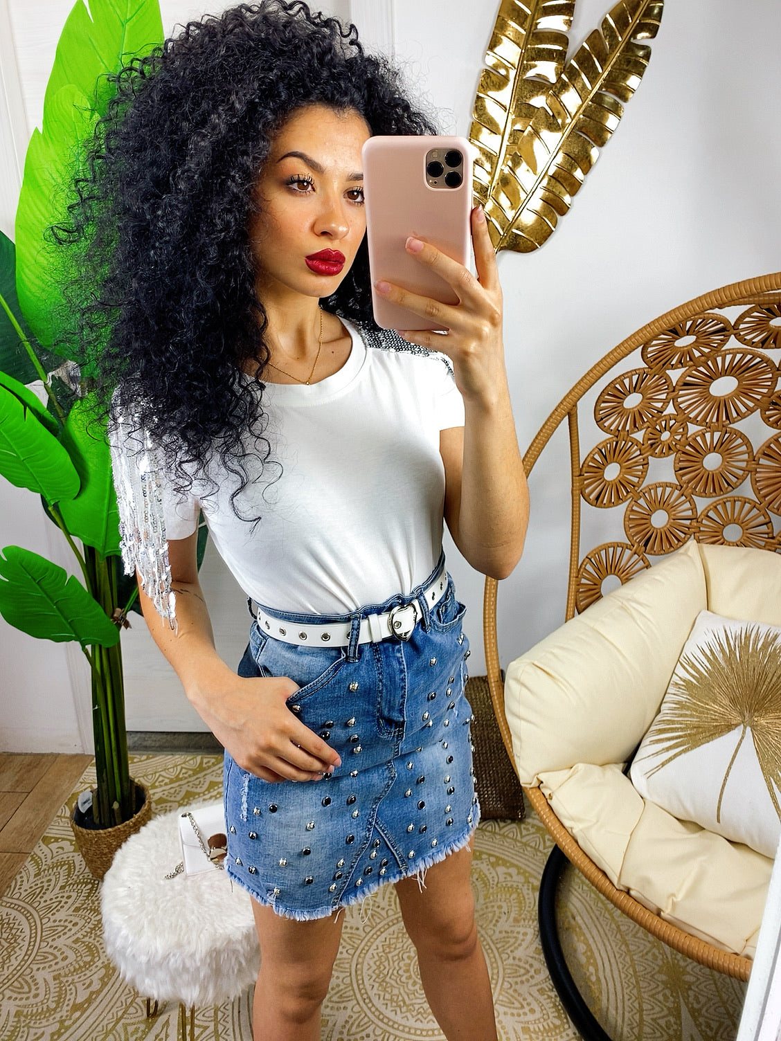 T-shirt bianca con frange argento