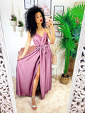 Abito in raso con maxi spacco glicine