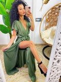 Abito lungo verde militare con spacco