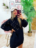 Maxi maglione collo alto con perle Nero