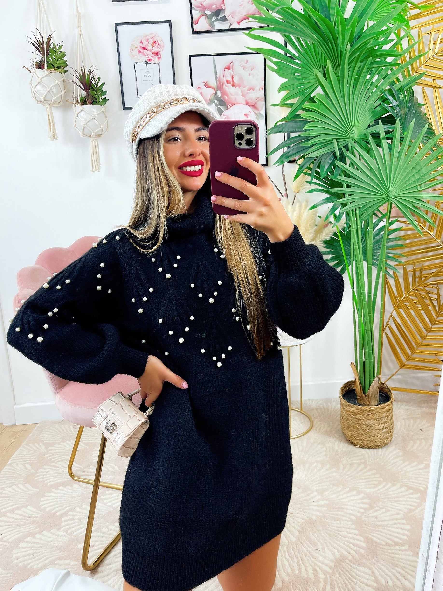Maxi maglione collo alto con perle Nero