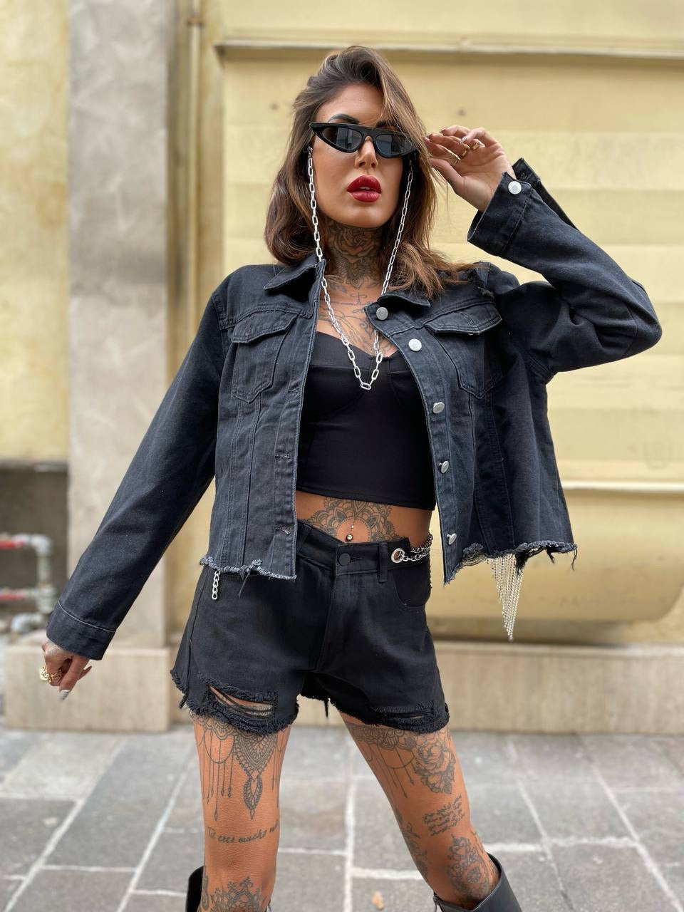 Giacca di jeans nero con frange