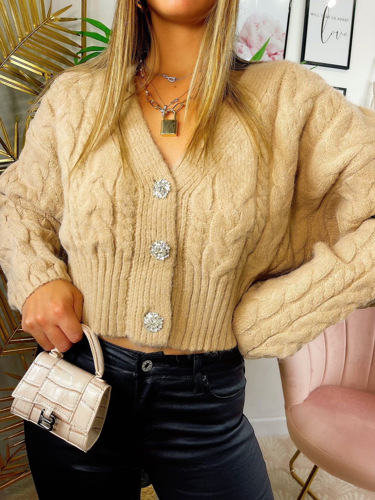 Maglione top quality camel con gioiello in strass