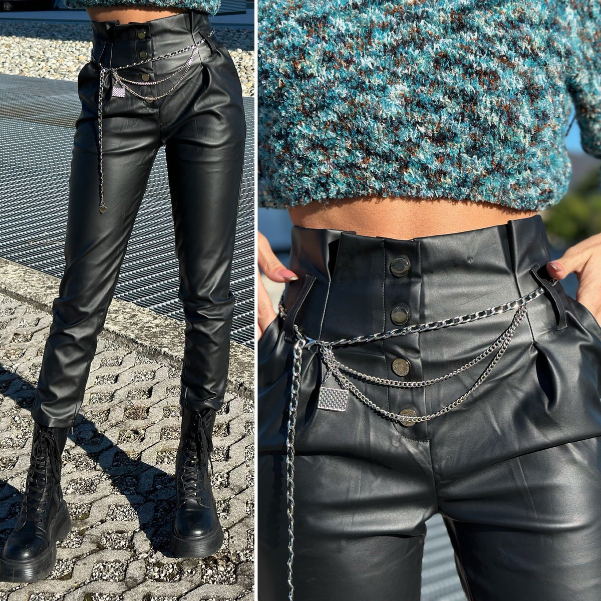Pantalone in ecopelle con catenina