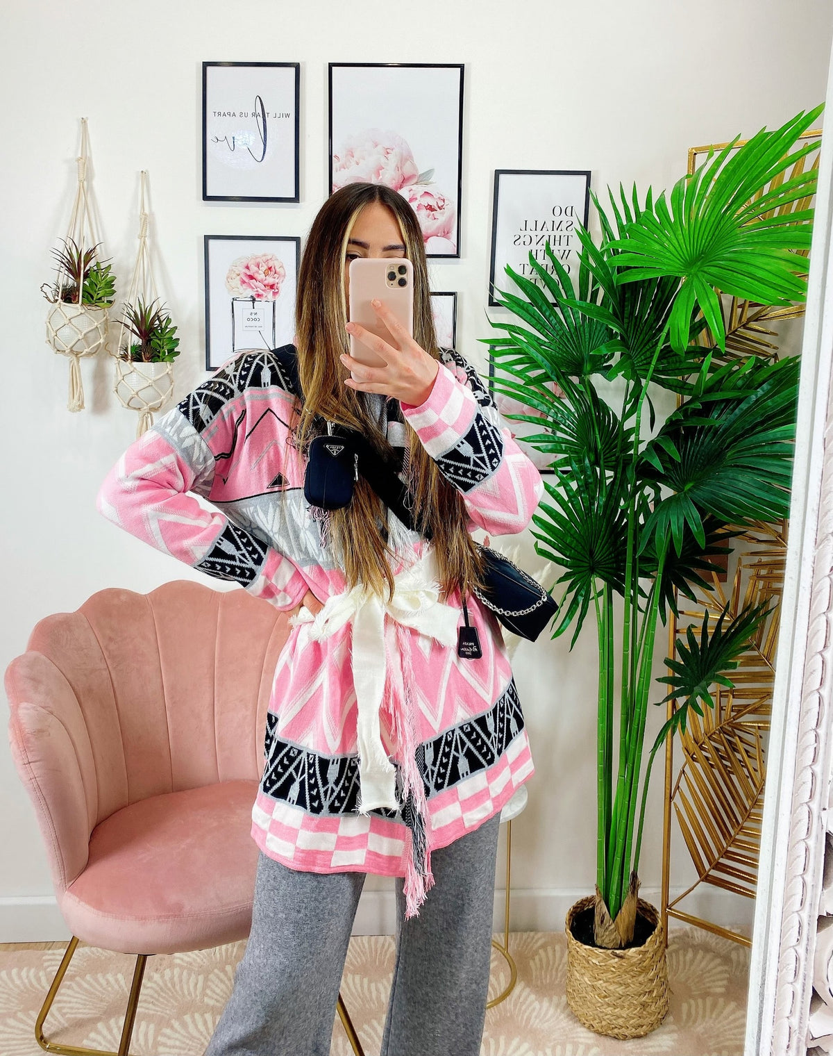 Cardigan con frange e cinta Rosa