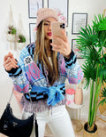 Cardigan corto frange e cinta base celeste