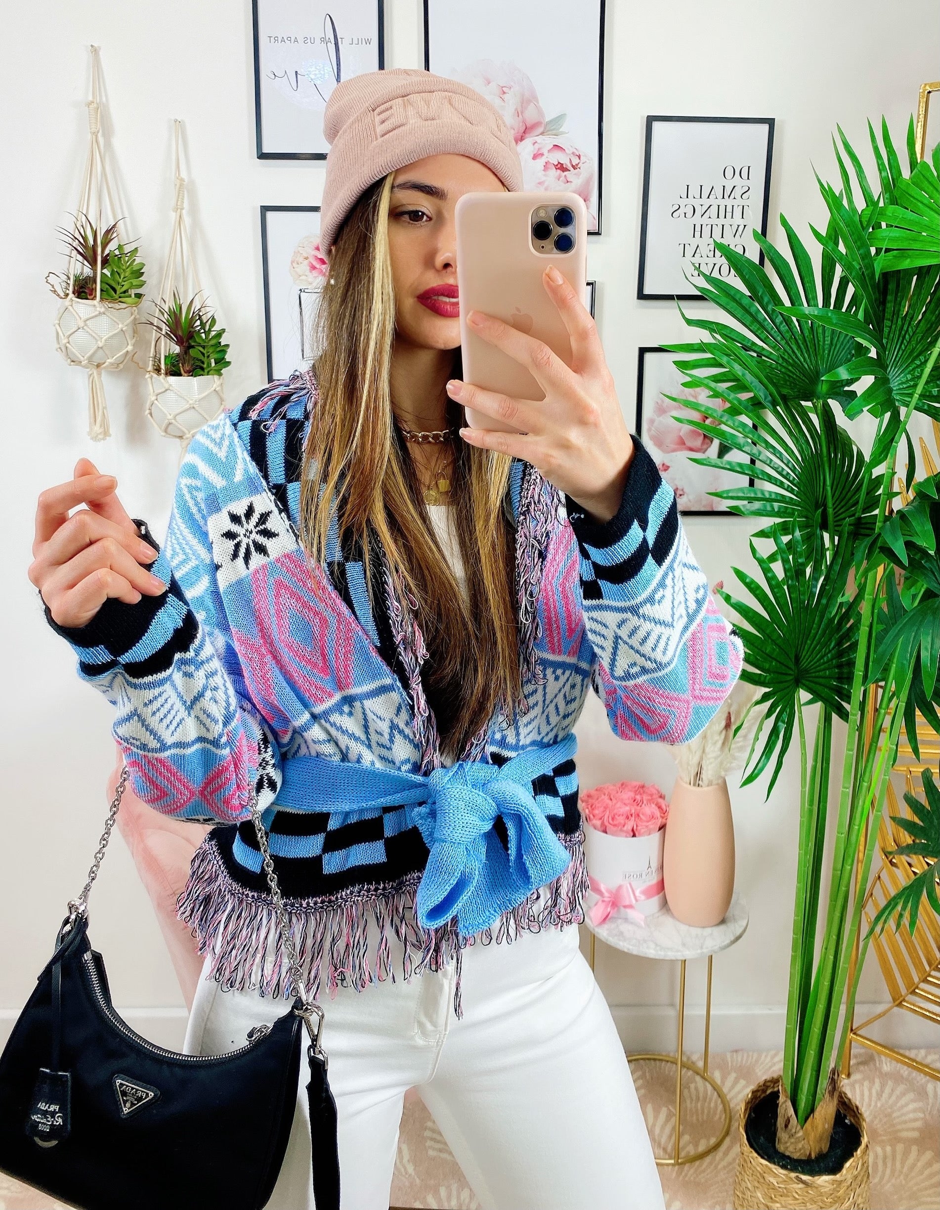 Cardigan corto frange e cinta base celeste
