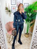Giacca di jeans nero con rouches e marsupio