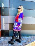 Cardigan frange e cinta rosso blu