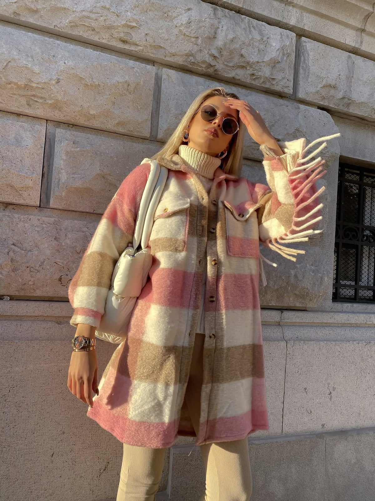 Giacca a quadri Rosa lunga con frange