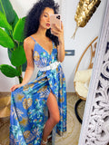 Abito in raso floreale con maxi spacco celeste