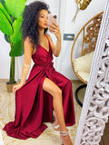 Abito in raso con maxi spacco Bordeaux scuro