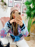 Cardigan corto frange e cinta base celeste