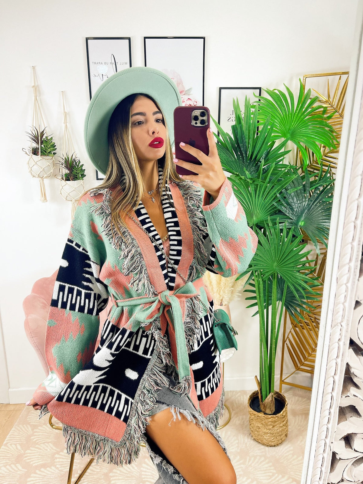 Cardigan con frange menta