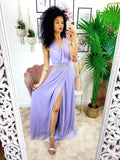 Abito in tulle lilla con cintura in strass