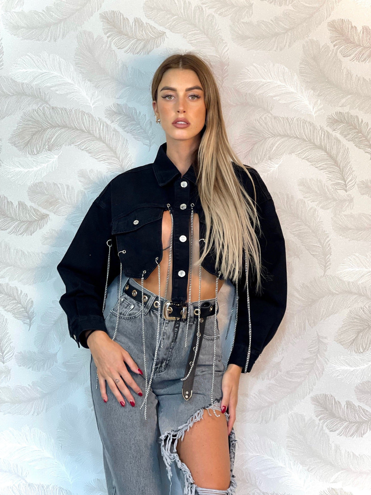 Giacca in jeans nero con frange