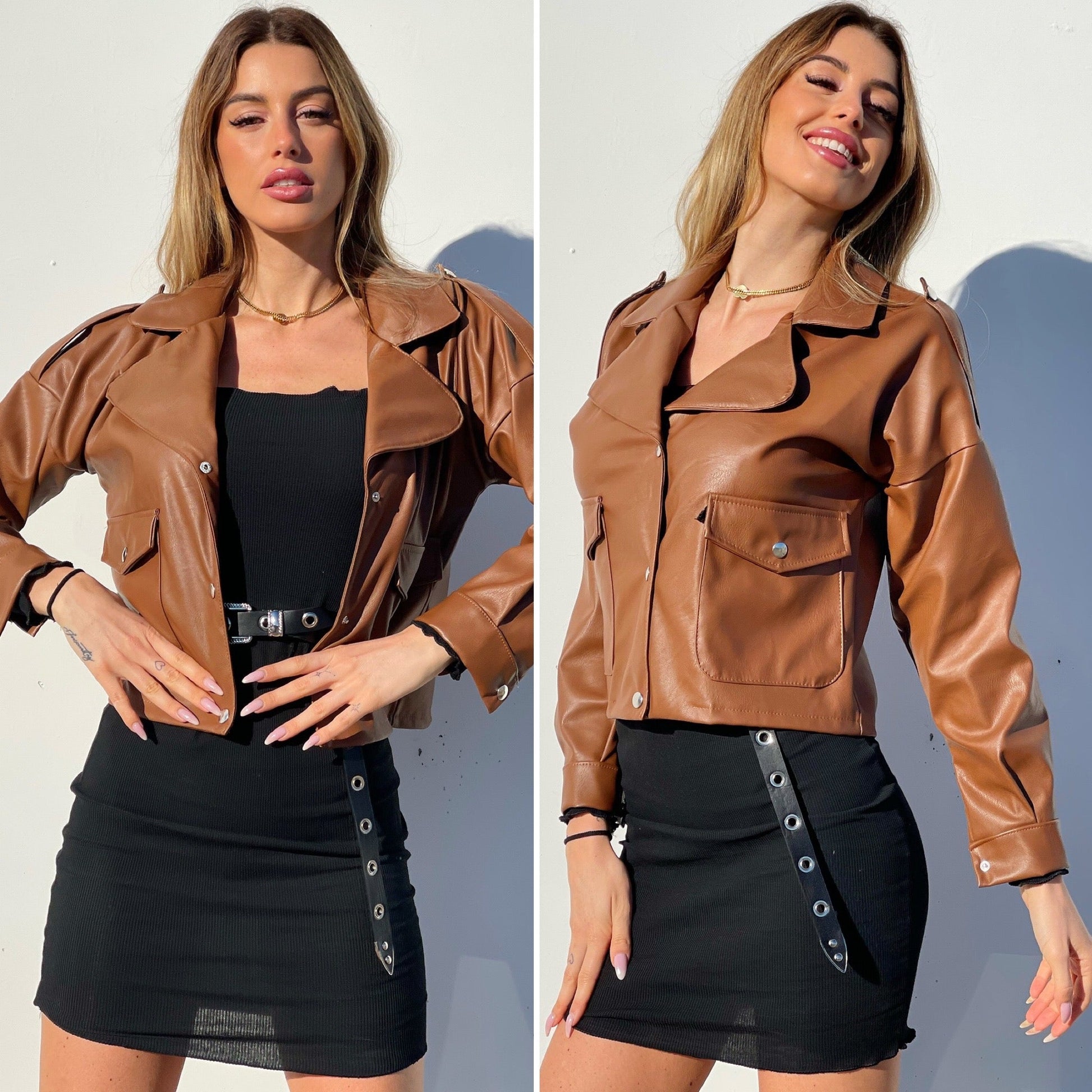 Giacca Camel in ecopelle con bottoni