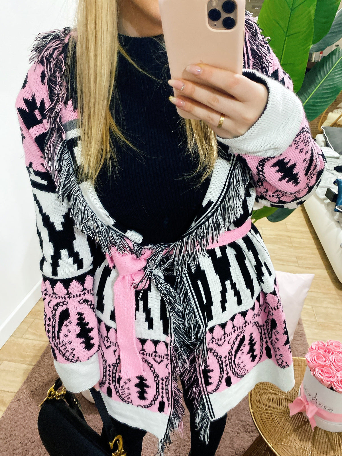 Cardigan Rosa Angel con frange e cinta