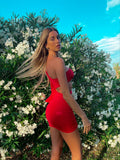 Abito aderente monospalla rosso con manica lunga