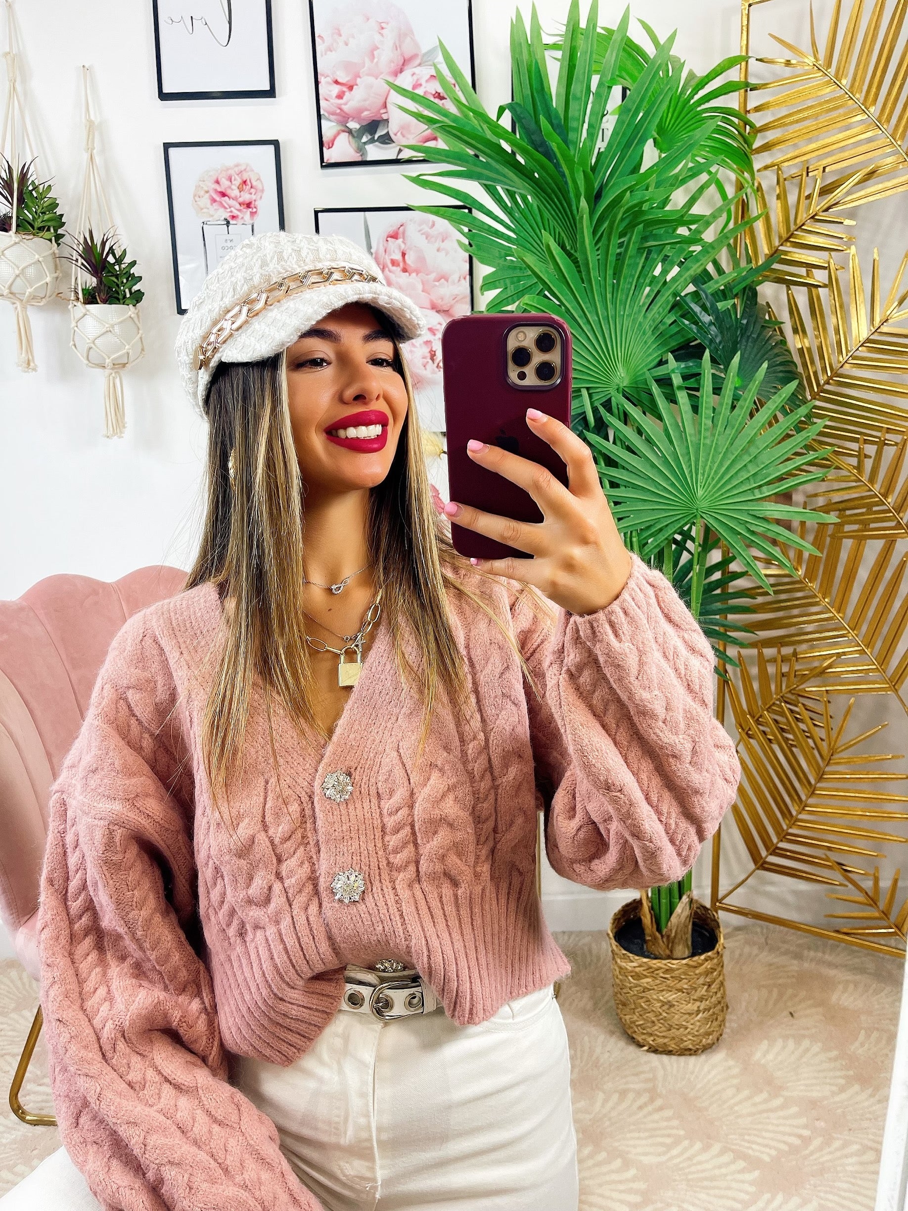 Maglione top quality rosa con gioiello in strass