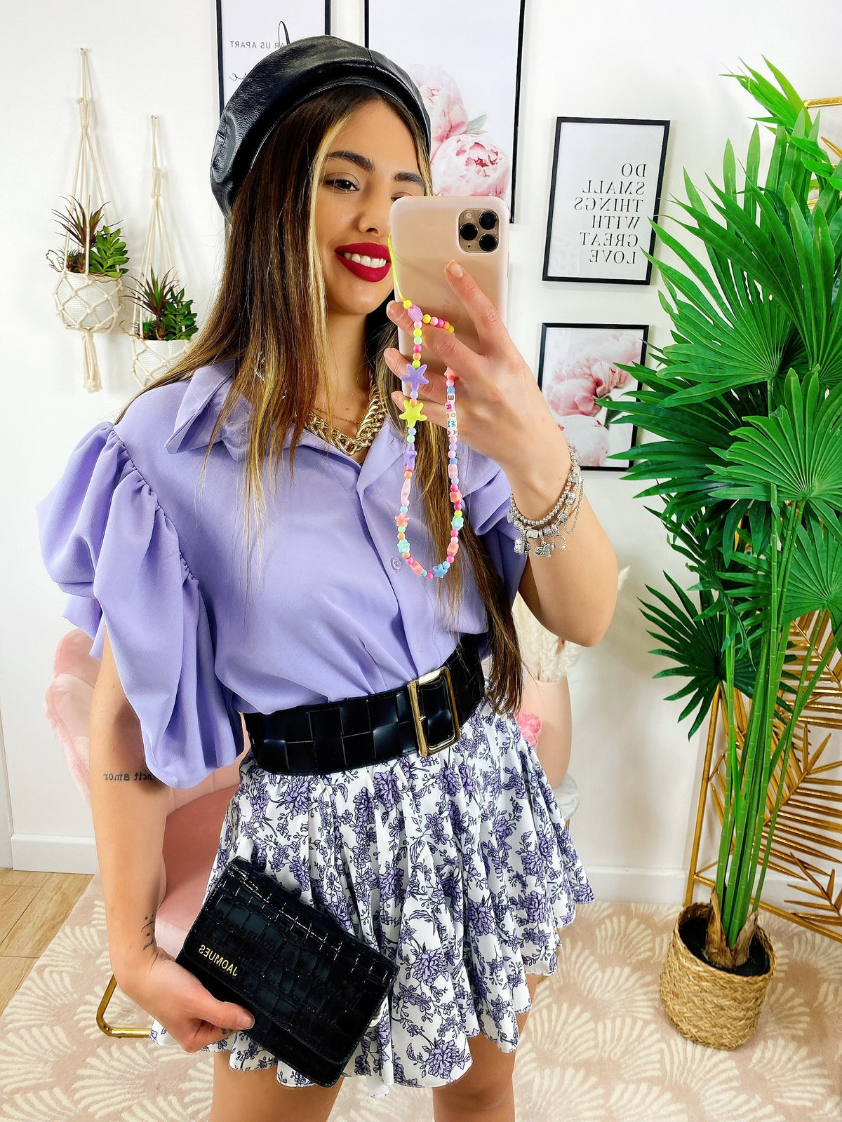 Camicia lilla con manica arricciata