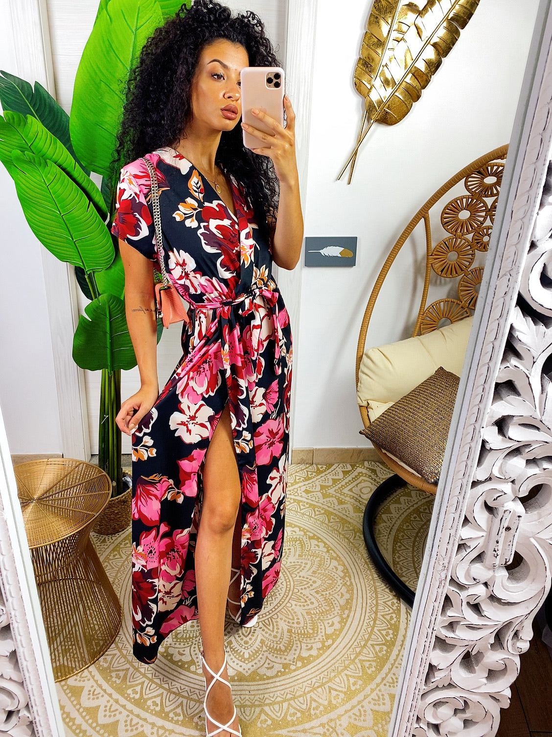 Abito lungo con fiori Fuxia