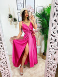 Abito in raso con maxi spacco peonia