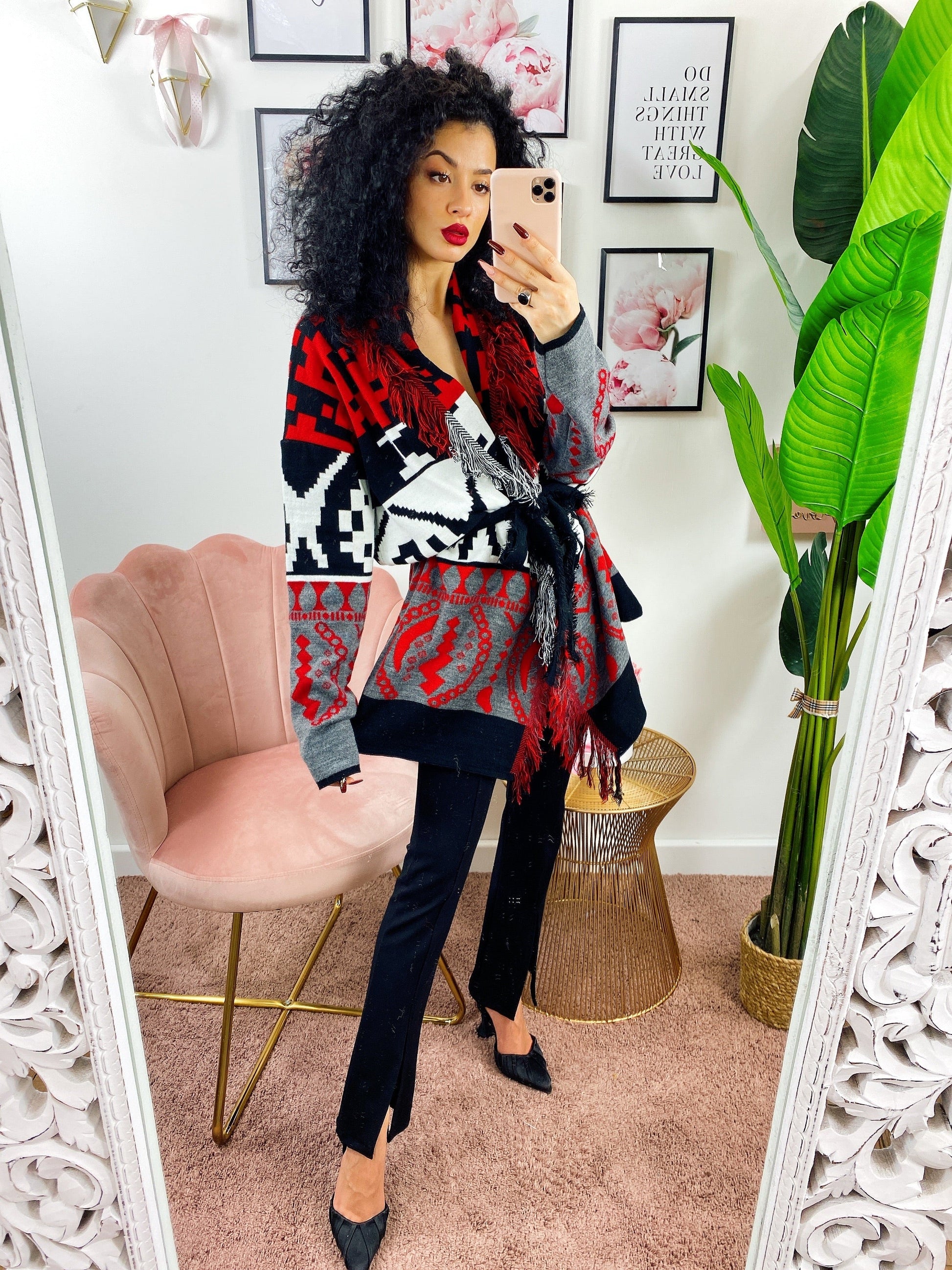 Cardigan Rosso con frange e cinta