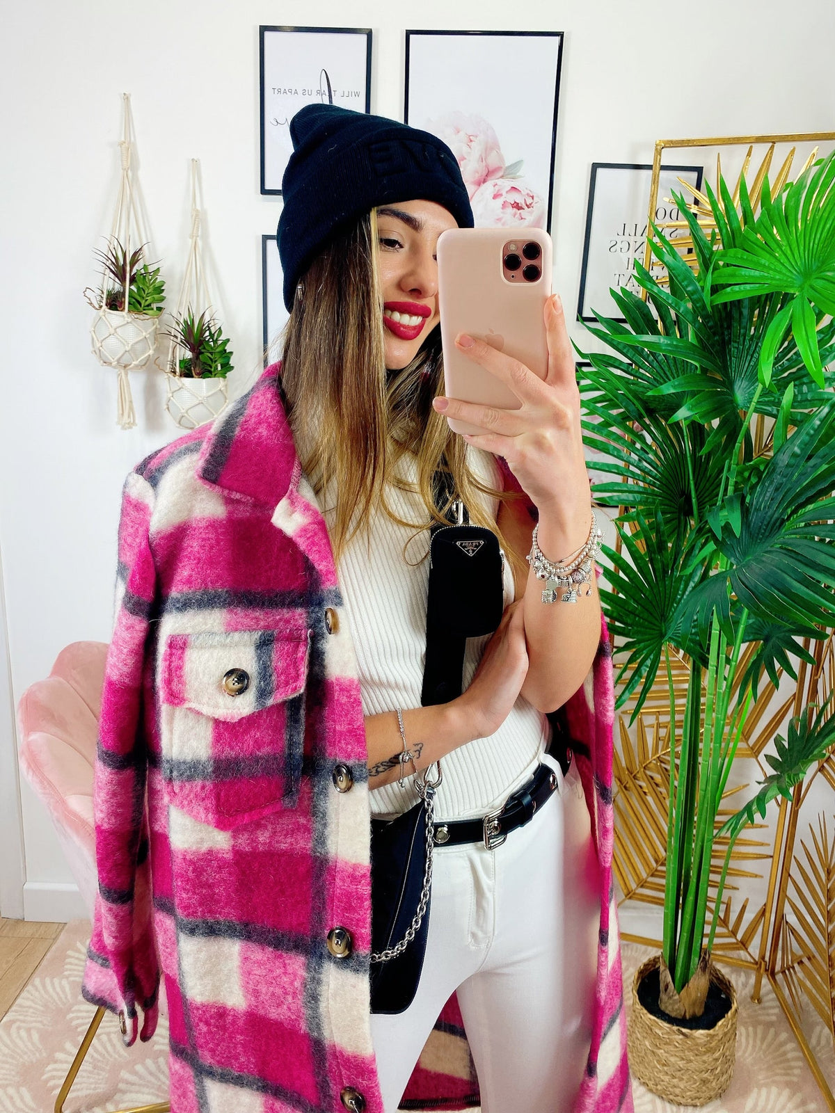 Giacca a quadri lunga Fucsia