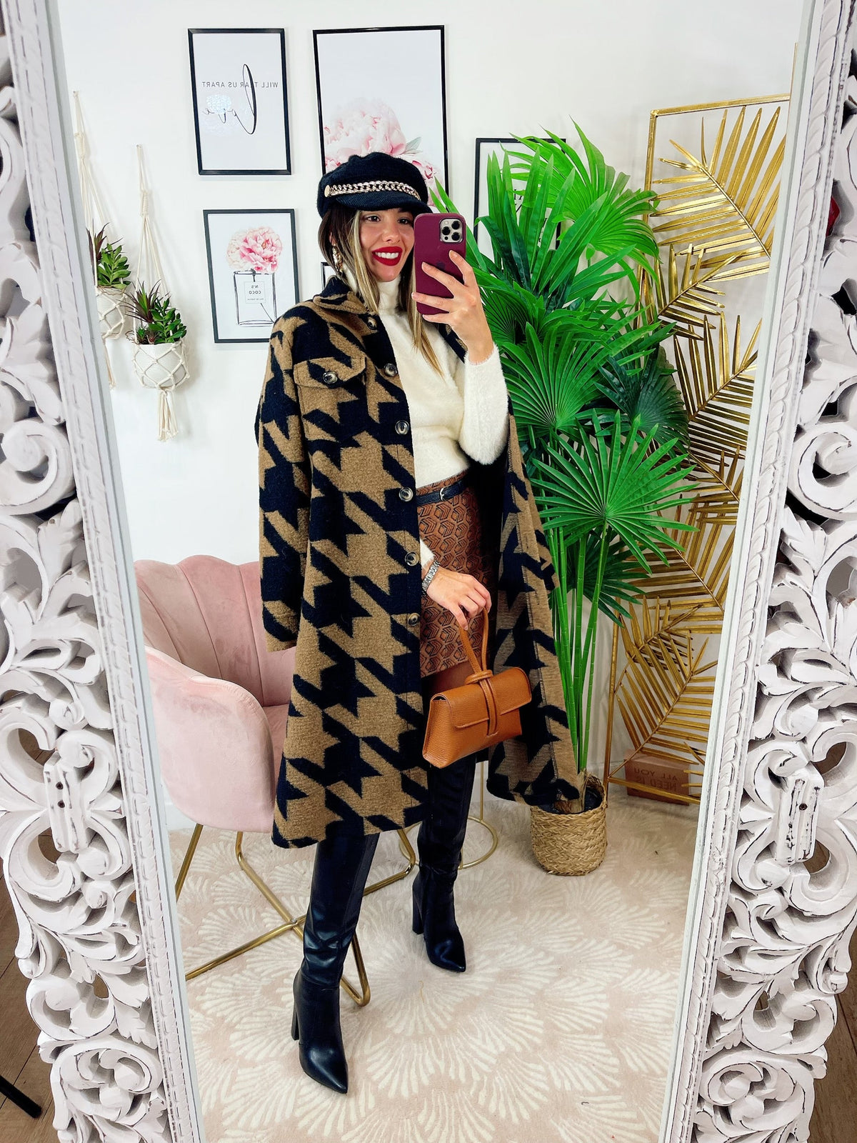 Giacca pied de poule Camel e nera
